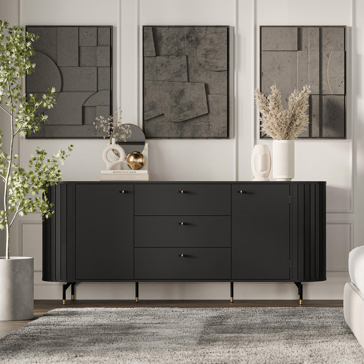 KOMMODE Zalia mit 2 Türen und 3 Schubladen, 190 cm, im Retro-Stil, Schwarz - Schwarz, Holzwerkstoff (190/81/40cm) - Beautysofa