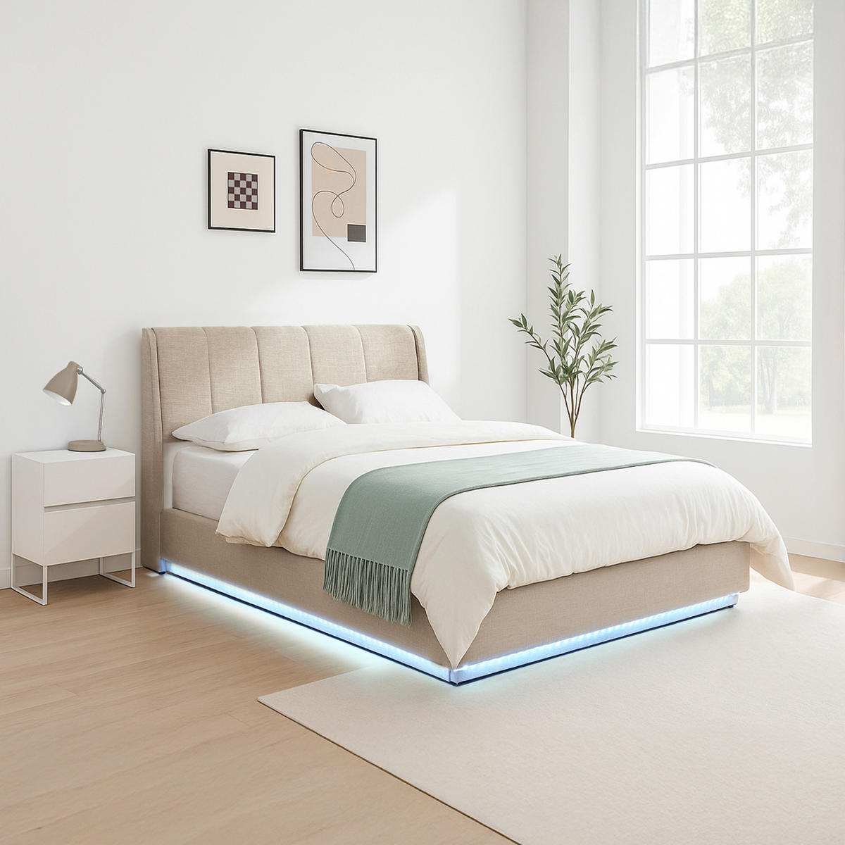 LED ČALOUNĚNÁ POSTEL Tröstiar - béžová, kov/kompozitní dřevo (140/200cm) - [en.casa]