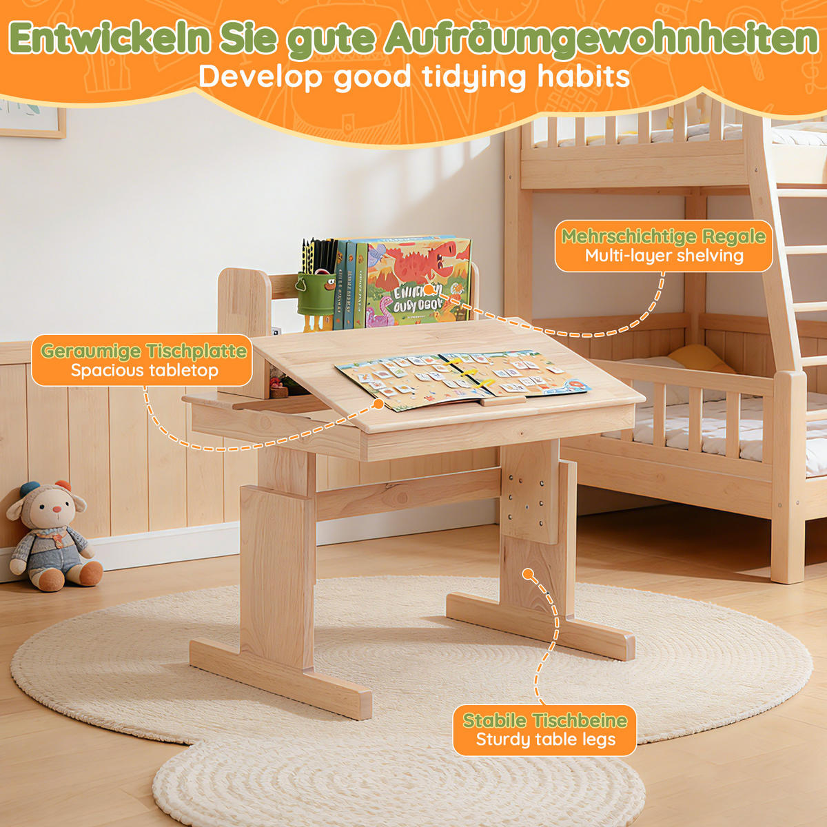 SCHREIBTISCH Natur 80/94/80 cm höhenverstellbar mit klappbarer Tischplatte - Naturfarben, Holz (80/94/80cm) - PANGIVO