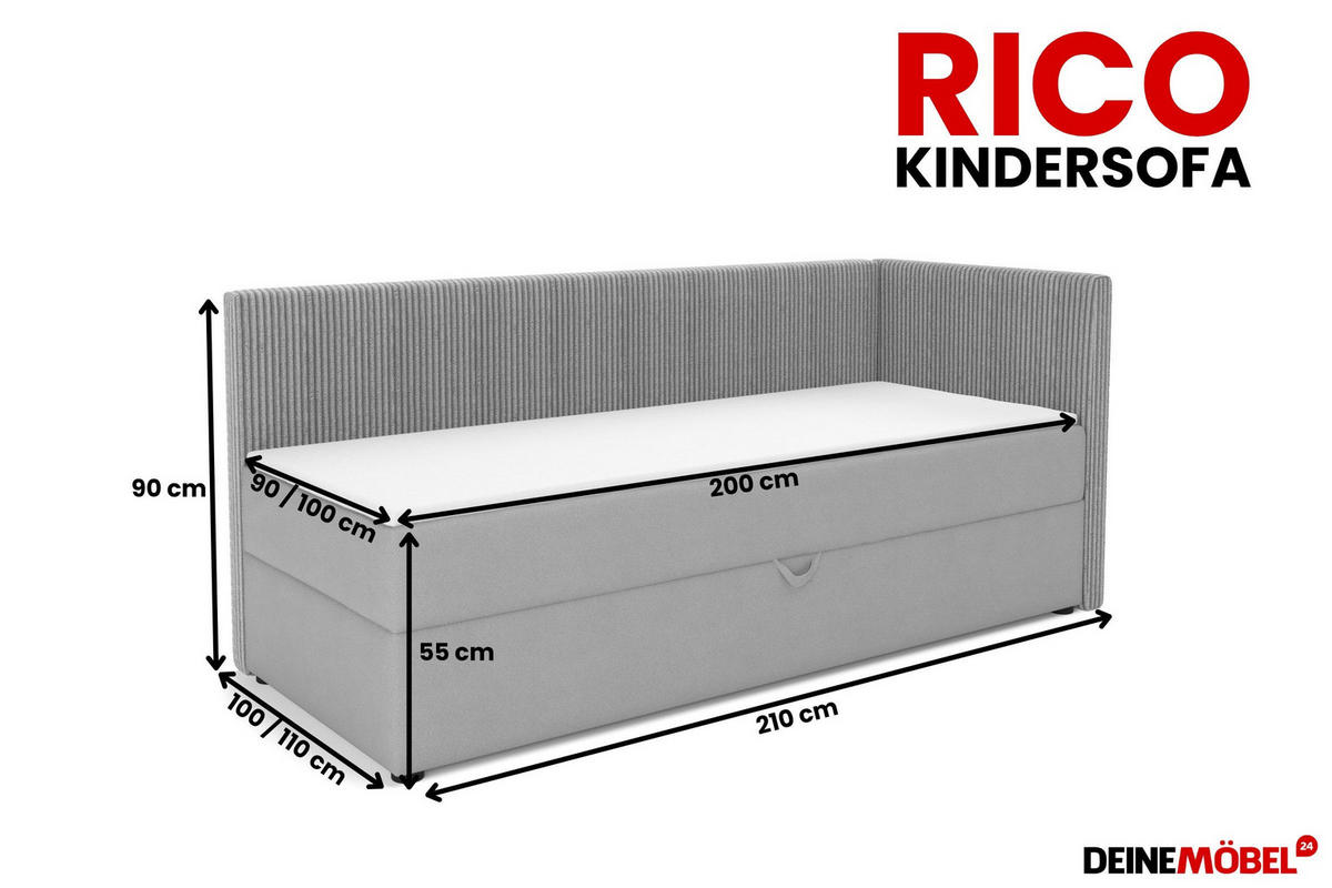 BOXBETT RICO 100/200 in Cord/Velours Hellgrau H3 links - Hellgrau, Holz/Holzwerkstoff (100/200cm) - Deine Möbel 24