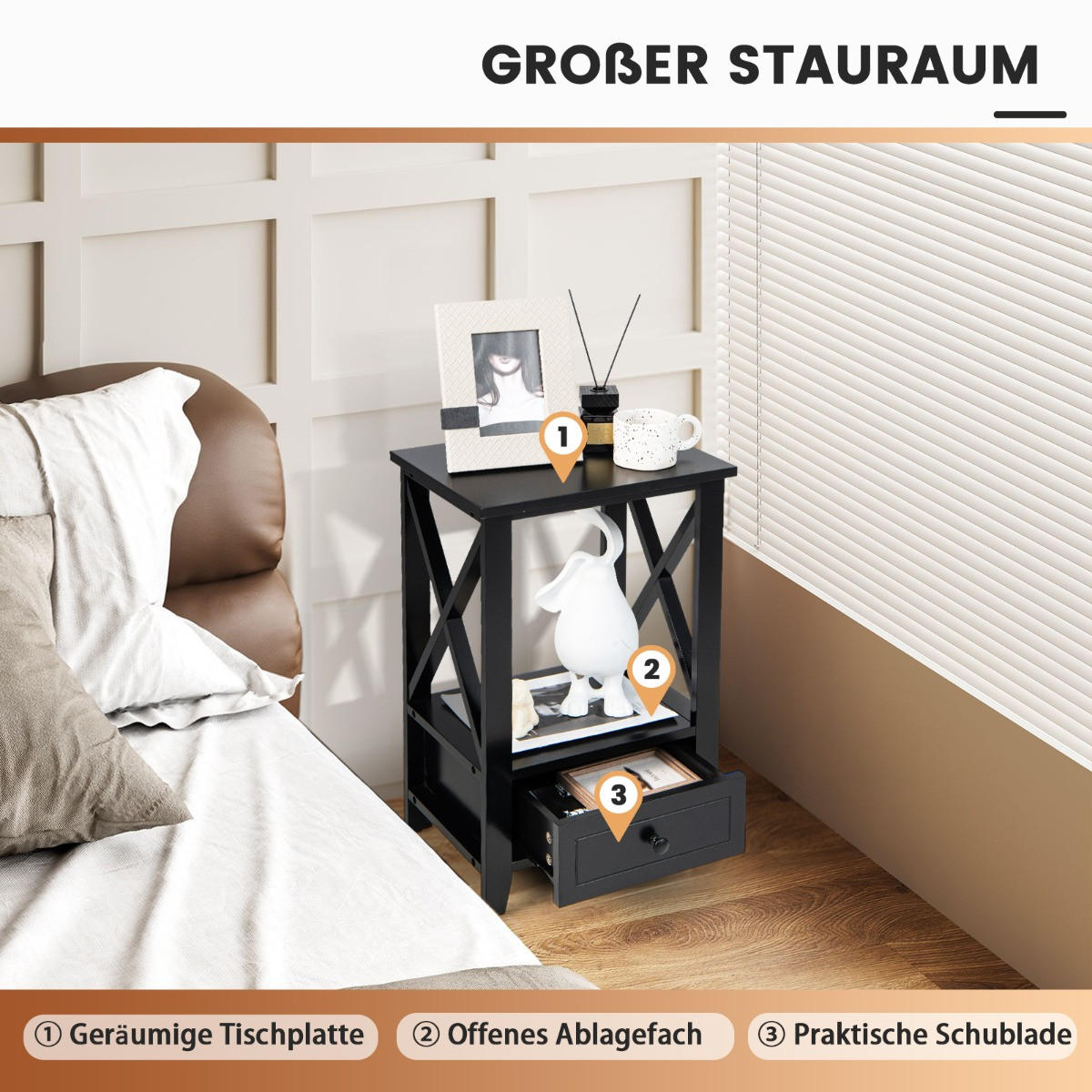 NACHTTISCH Schwarz Holzwerkstoff 40/30/61.5 cm - Schwarz, Holzwerkstoff (40/61.5/30cm) - Gemütlich Home
