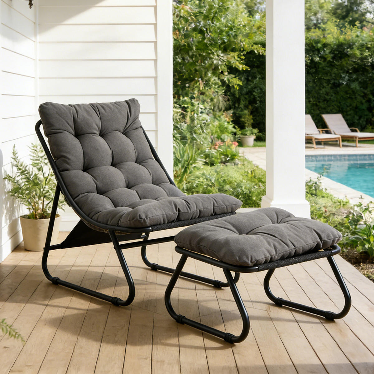 SESSELSET, Relaxsessel mit Hocker,Stahlrahmen,Polyester,Grau - Hellgrau, Kunststoff (78/86/65cm) - LVHOM