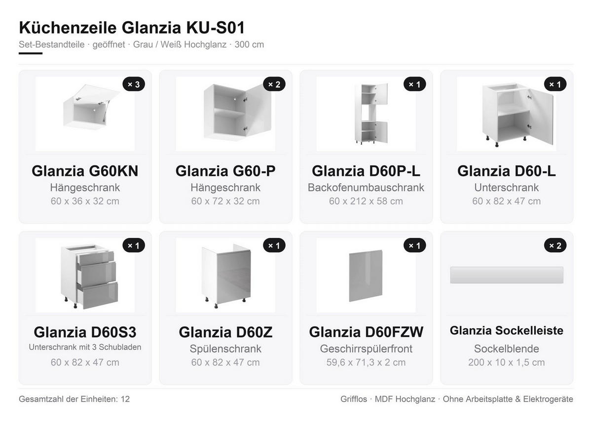 KÜCHENZEILE 300 cm Glanzia – KU-S01 – Grau / Weiß – Hochglanz - Grau, Holzwerkstoff (300/212/58cm) - hi-markt