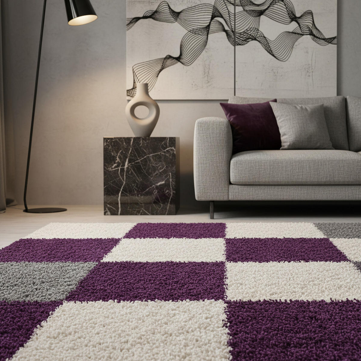 TEPPICH Hochflor Karo Polypropylen Wohnzimmer Shaggy Violett Läufer 60x110 - Lila, Textil (60/110cm) - KADIMA DESIGN