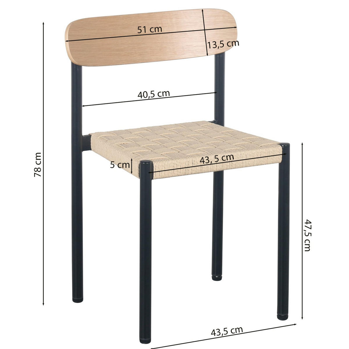 ESSZIMMERSTUHL mit Seilgeflecht Humalpa Eiche / Natur - Beige/Schwarz, Metall (51/78/42cm) - Selsey