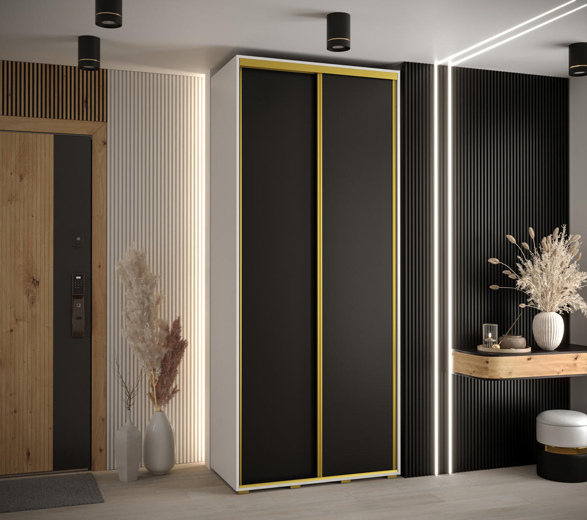 SCHWEBETÜRENSCHRANK 235,2/110/45 2-türig - Goldfarben/Schwarz, Holz/Metall (110/235/45cm) - Abiks Möbel