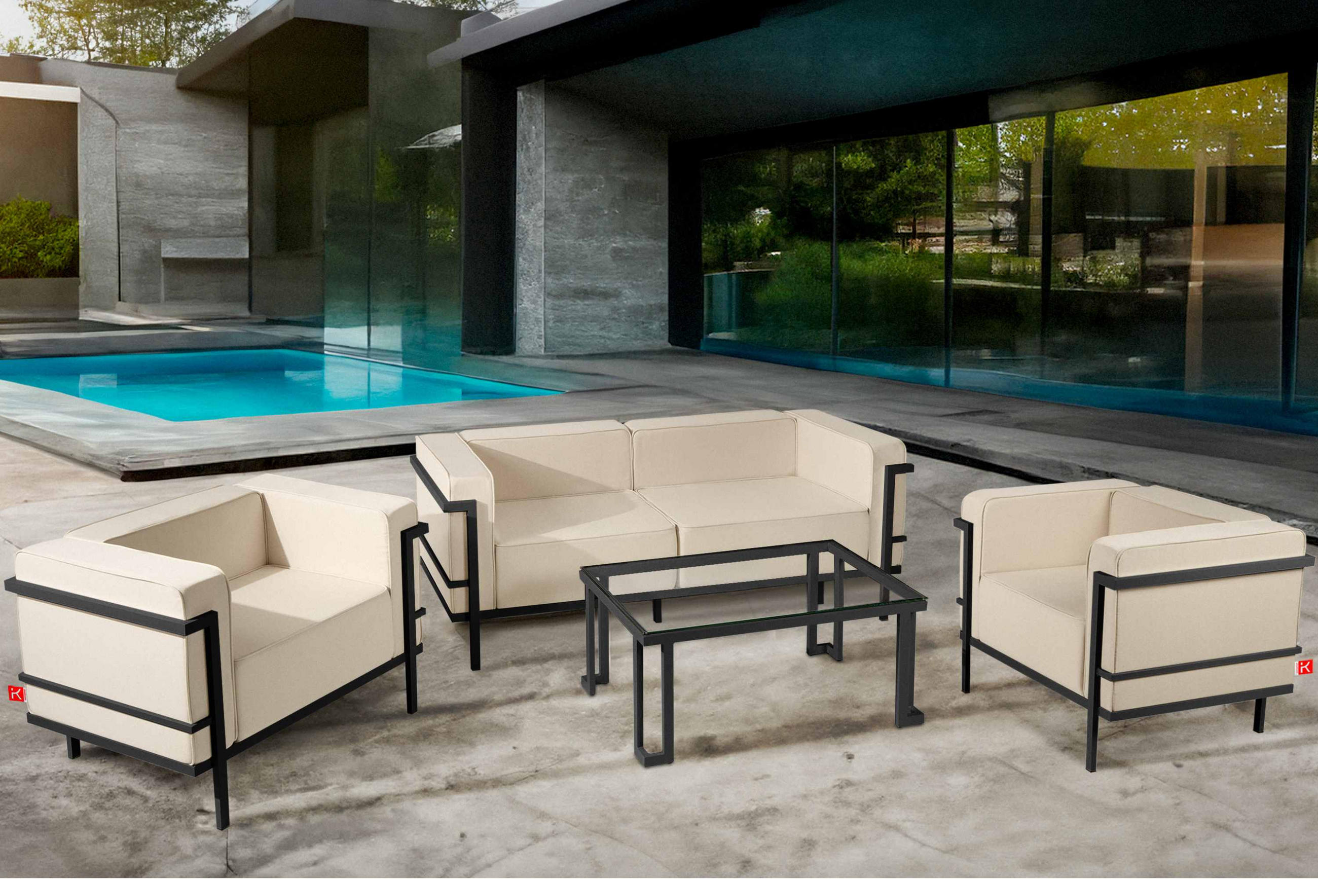 GARTENLOUNGE-SET TRIGLO 4-tlg., 1x Tisch, 2x Sessel, 1x Sofa 2-Sitzer, Modern, Dunkelgrau/Cremeweiß - Dunkelgrau/Creme, Textil/Metall - KONSIMO®