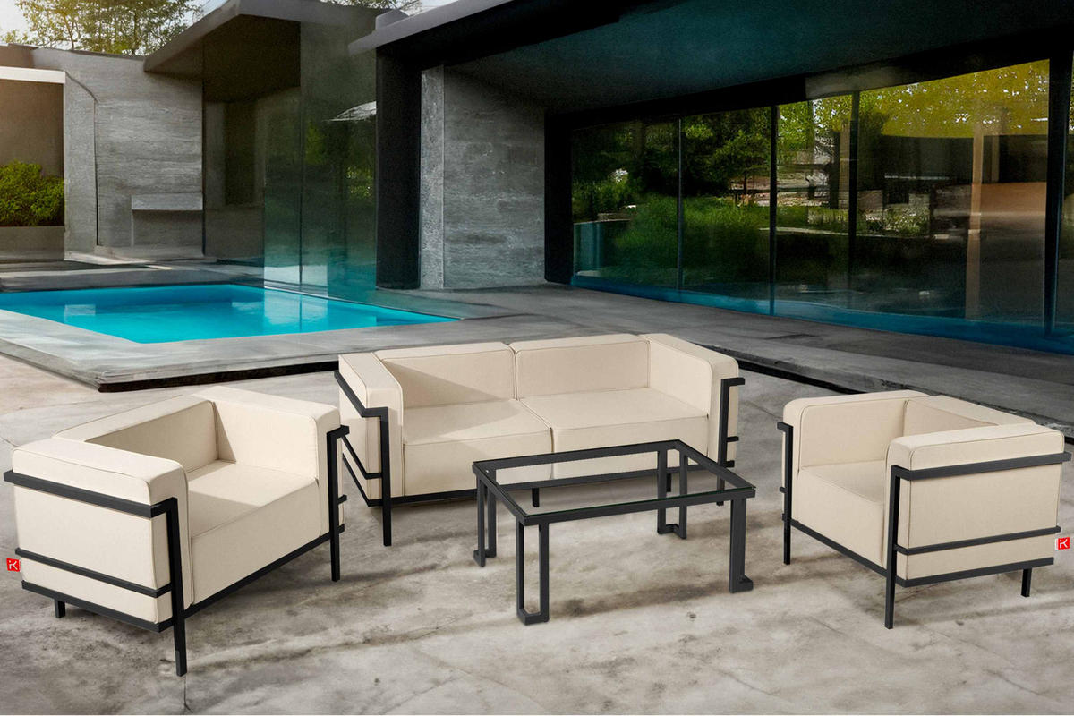 GARTENLOUNGE-SET TRIGLO 4-tlg., 1x Tisch, 2x Sessel, 1x Sofa 2-Sitzer, Modern, Dunkelgrau/Cremeweiß - Dunkelgrau/Creme, Textil/Metall - KONSIMO®