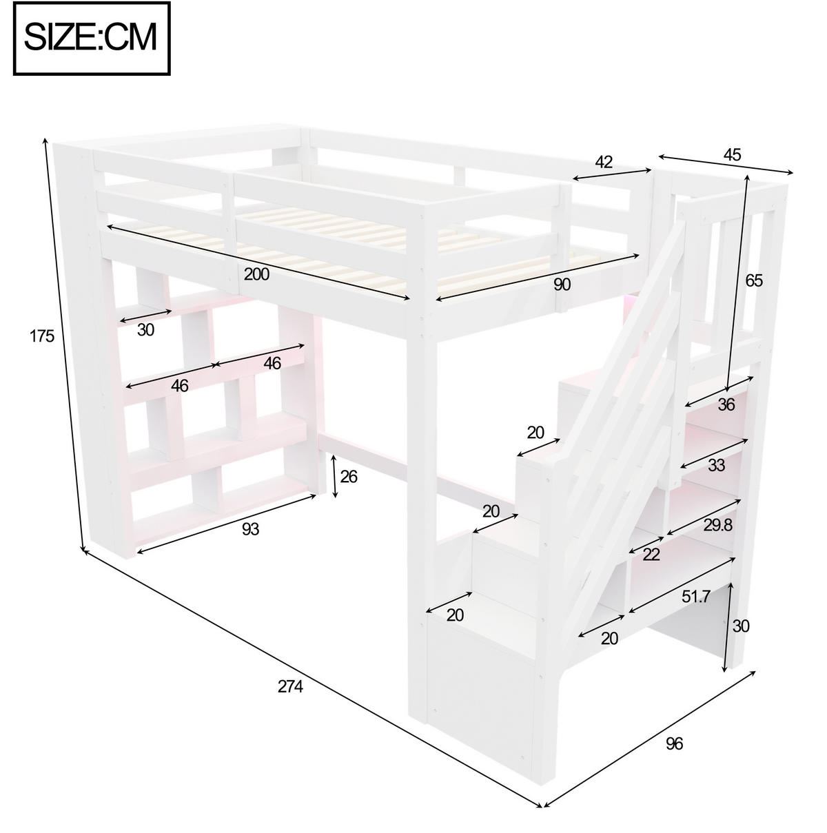 HOCHBETT aus Kiefernholz 90x200 cm Weiß mit Stauraumtreppe, Regalfächern und LED-Beleuchtung - Weiß, Holz (90/200cm) - Modfu