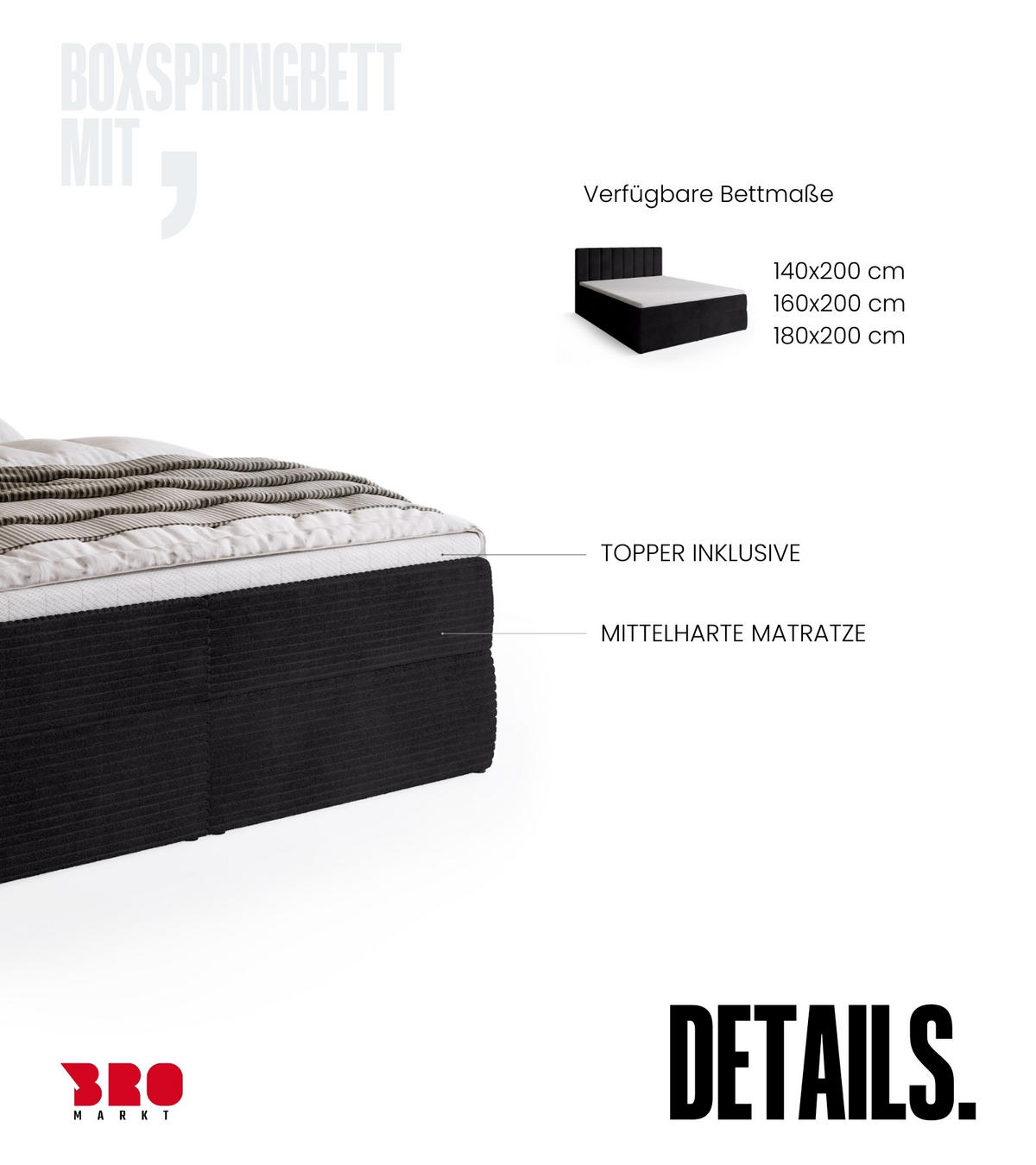 BOXBETT DENVER mit Topper 140x200 Schwarz - Schwarz, Textil (140/200cm) - Bromarkt