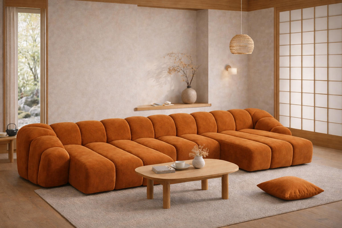 ECKSOFA Modulare U-Form, Veloursstoff Bluvel, Zimtfarbe, CROISSANT U - Orange, Holz (413/72/190cm) - Kaiser Möbel