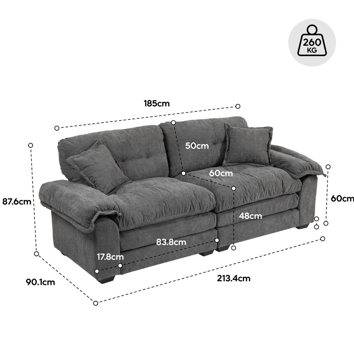 SOFA mit Tiefsitz 214 cm Chenille Grün 2-Sitzer - Grün, Kunststoff (214/93/89cm) - Meubliv