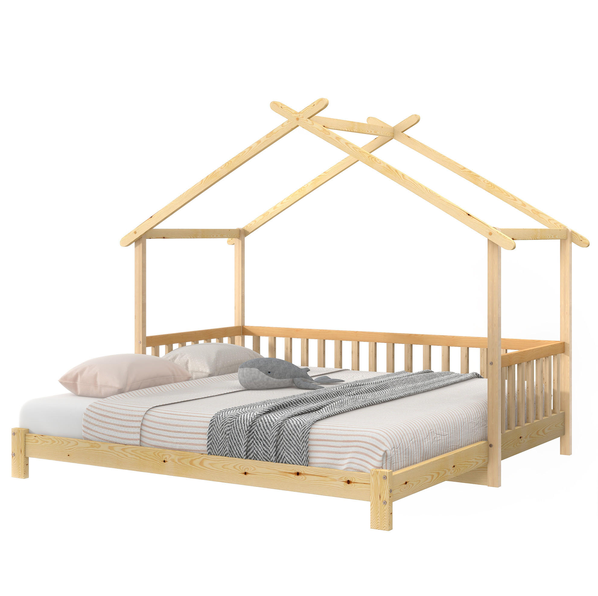 HAUSBETT 90/200 cm aus Kiefer massiv – ausziehbar von 90 auf 180/200 cm - Naturfarben, Holz (90/200cm) - BEAOK