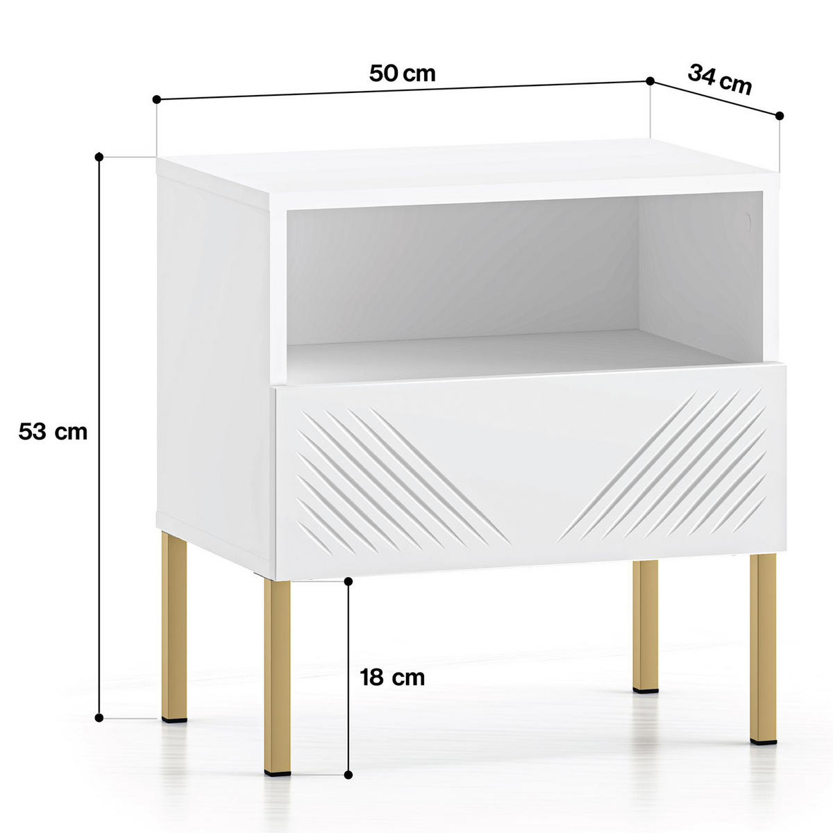 NACHTTISCH NEBRO,Weiß - Goldfarben/Weiß, Holzwerkstoff (50/53/34cm) - KONSIMO®