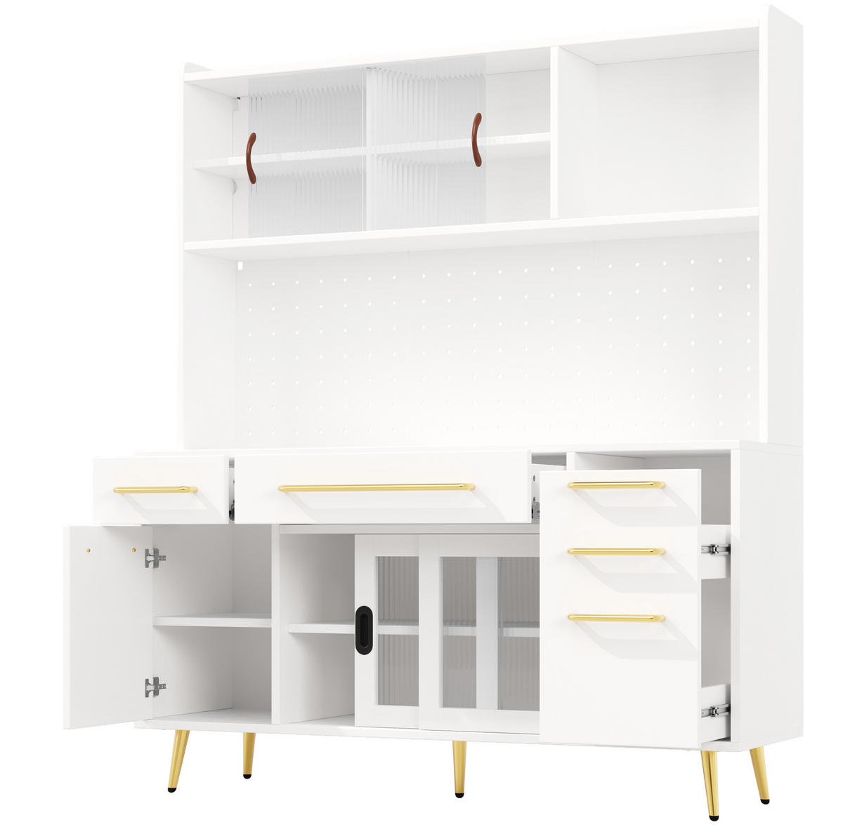 KUCHYŇSKÁ kredenc 145/39/171 cm s LED osvětlením, pegboardem, zásuvkami a posuvnými dvířky, Bílá - bílá, kompozitní dřevo (145/171/39cm) - Redom