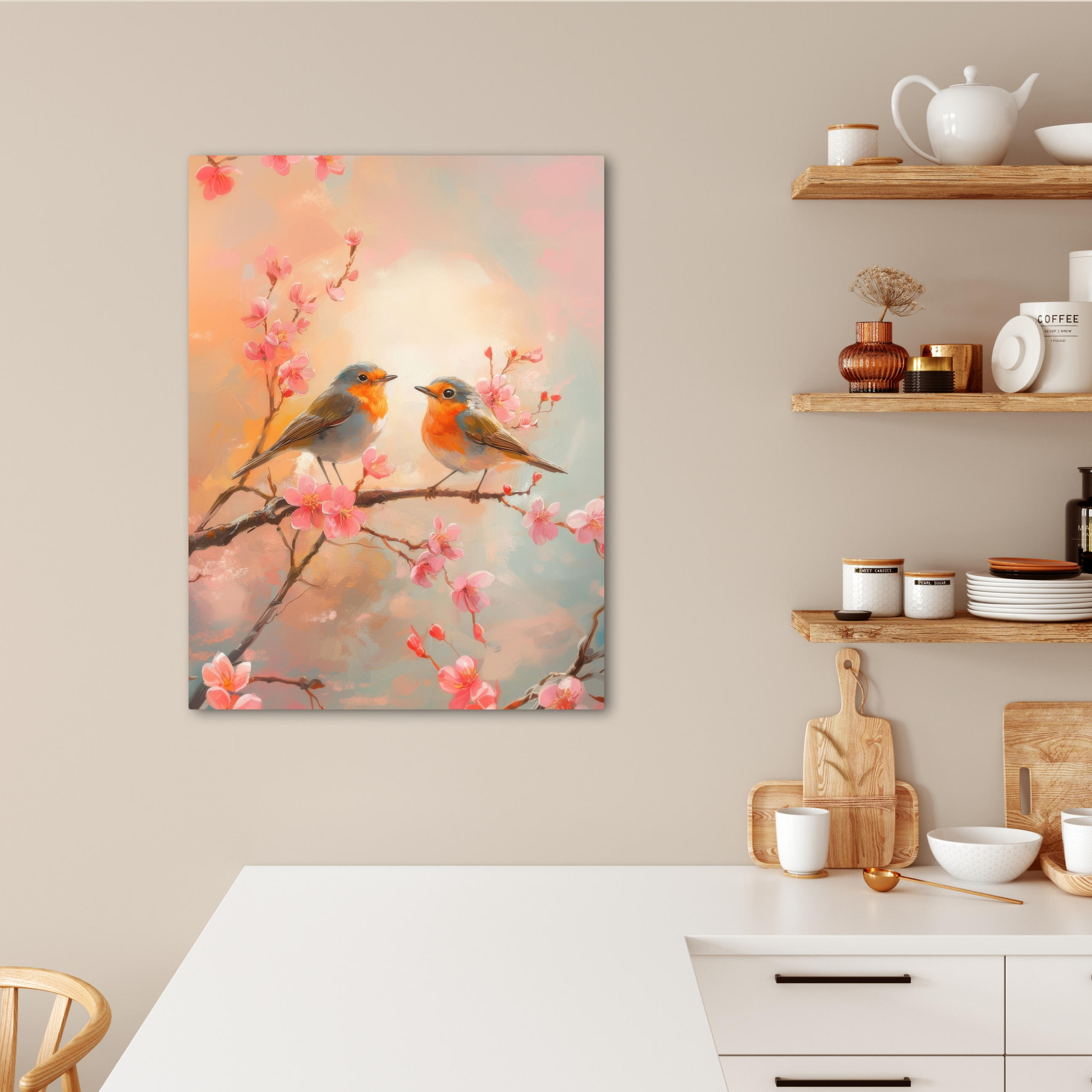 LEINWANDBILD Rotkehlchen - Zierpflanze - Blütenzweig 60x80 cm - Hellrosa, Textil (60/80cm) - MuchoWow