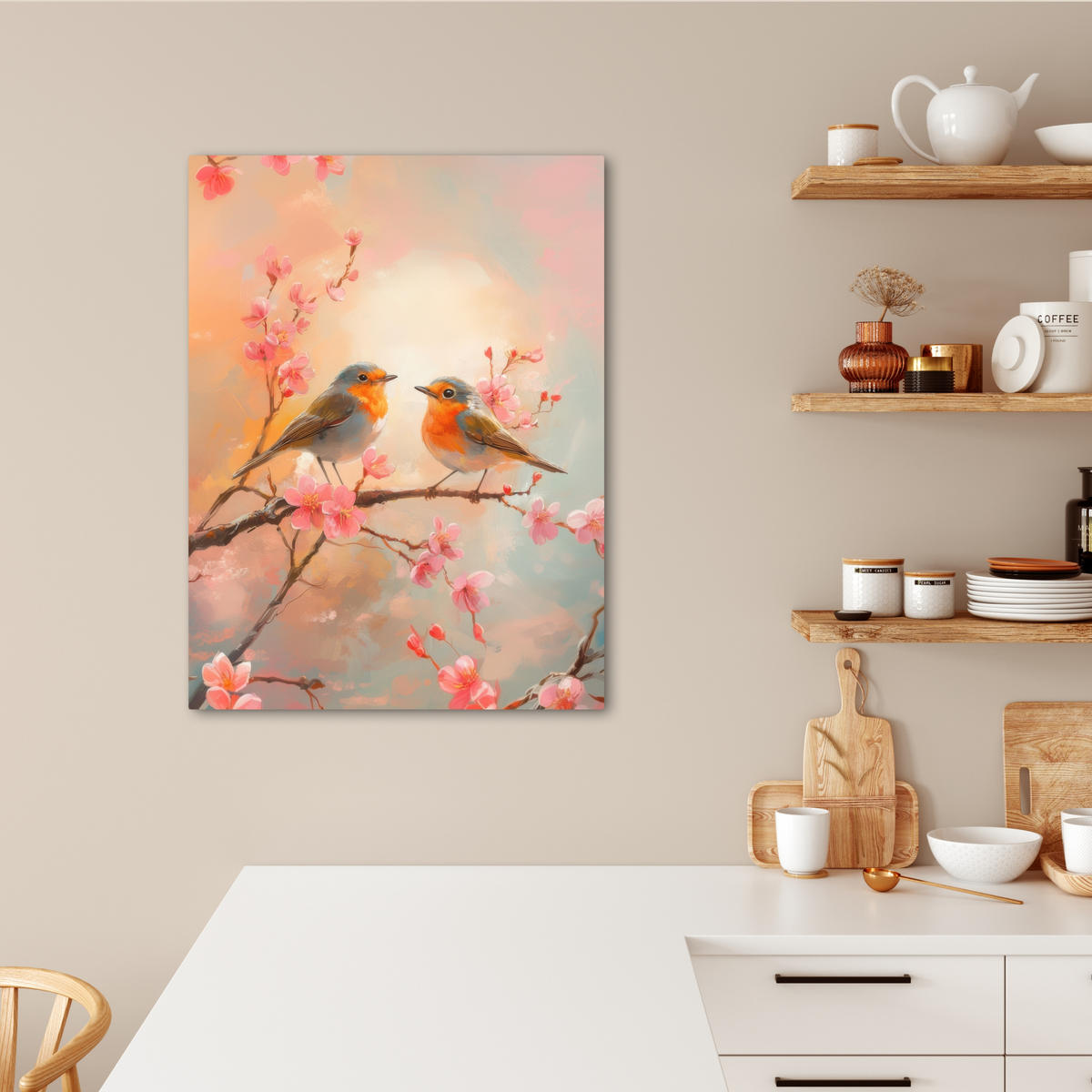 LEINWANDBILD Rotkehlchen - Zierpflanze - Blütenzweig 60x80 cm - Hellrosa, Textil (60/80cm) - MuchoWow