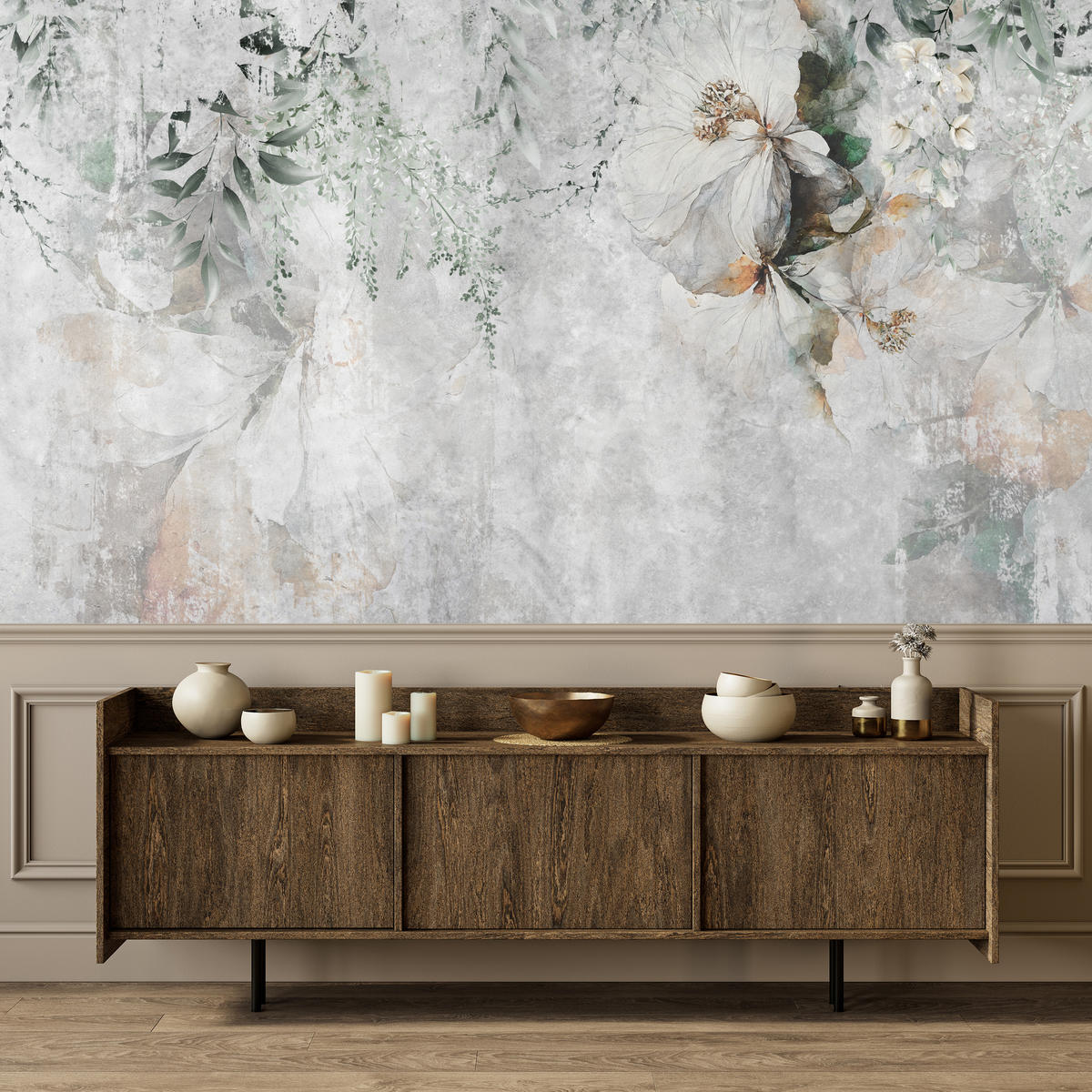 FOTOTAPETE für Esszimmer Zarte Blumen Blätter Beton 100x70 - Orange/Grau, Papier (100/70cm) - Muralo