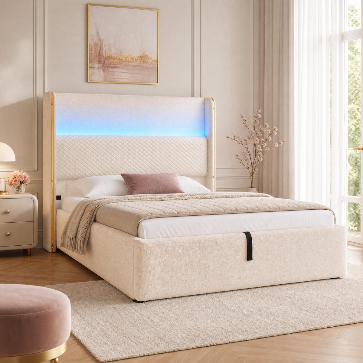 POLSTERBETT 90/200 cm in Beige mit Bettkasten, LED, USB und Type-C Leinen mit hohem Kopfteil - Beige, Holzwerkstoff/Textil (90/200cm) - STILVORA