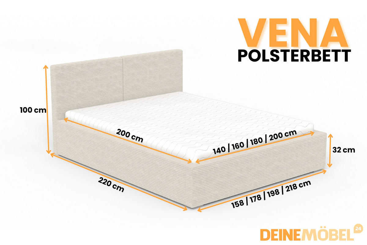 POLSTERBETT VENA 160/200 in Cord Ecru - Ecru, Holzwerkstoff/Textil (160/200cm) - Deine Möbel 24