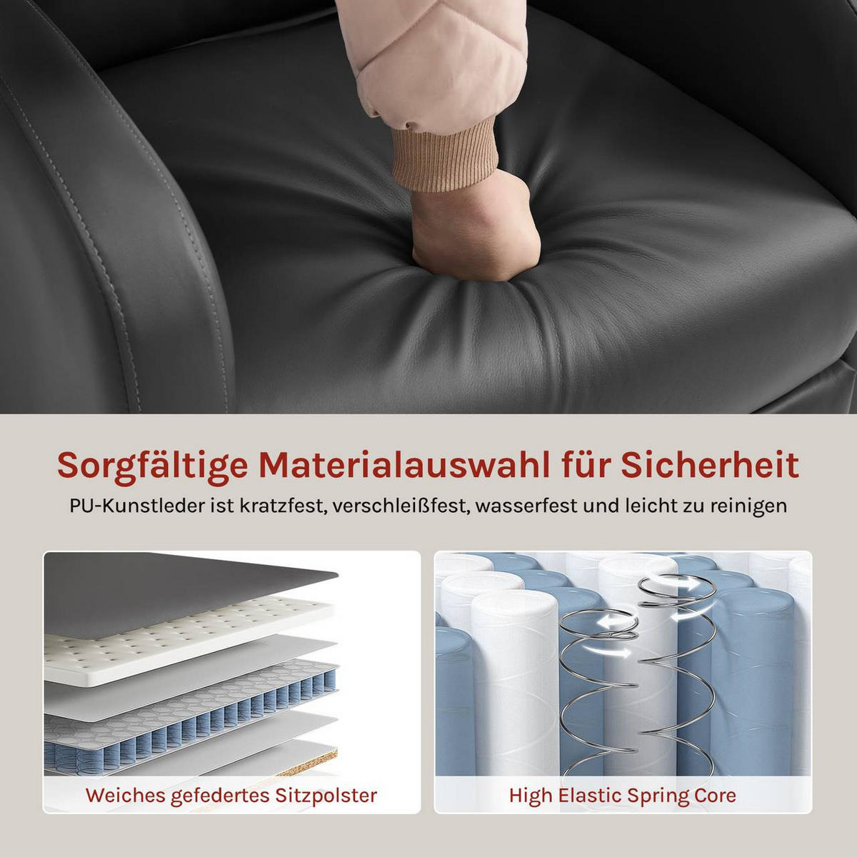 RELAXSESSEL mit Liegefunktion, Kunstleder, Grau - Schwarz/Grau, Kunststoff/Textil (65.5/102/89cm) - Woltu
