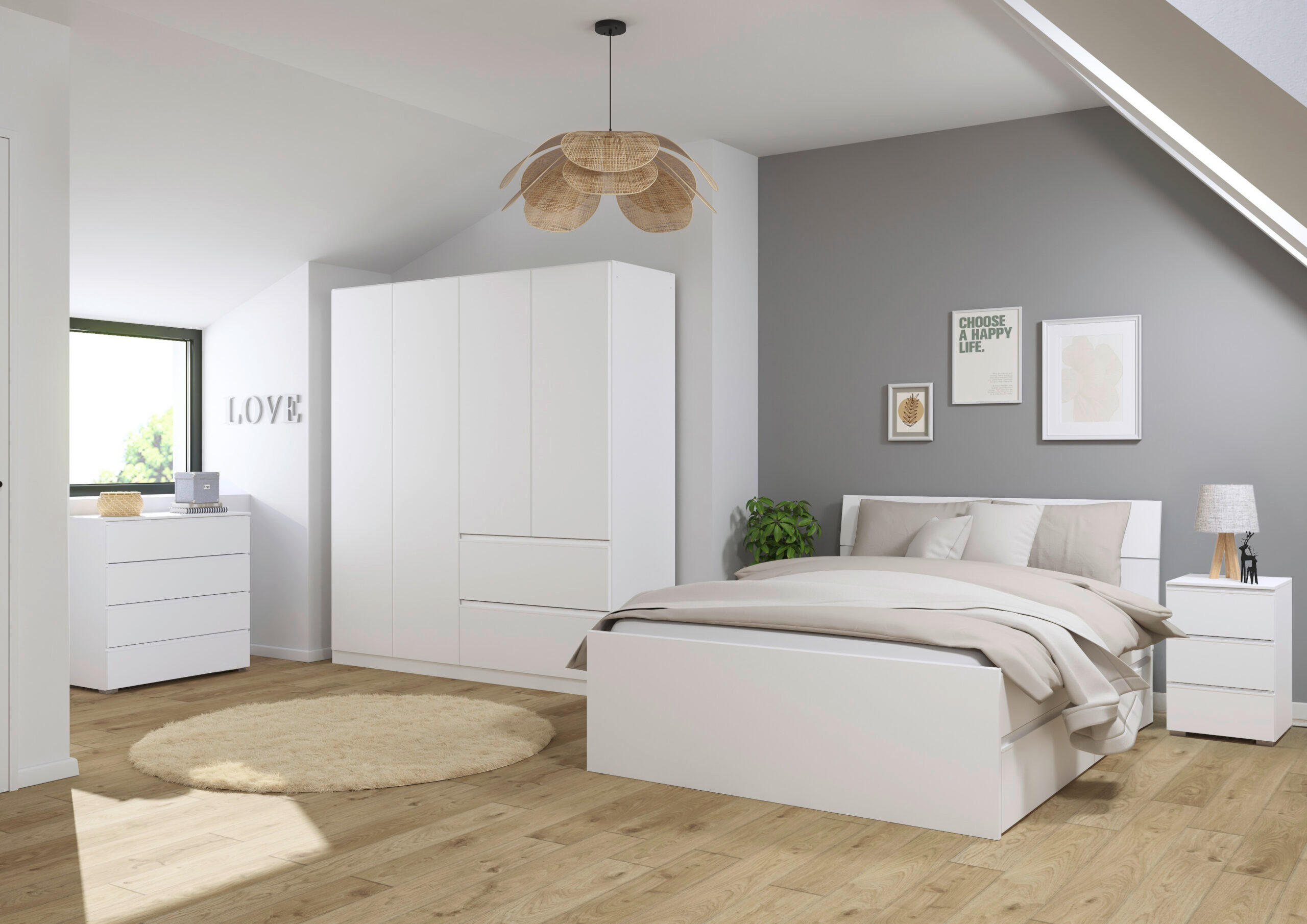 JUGENDZIMMER Joel in Weiß 4 teilig – mit 4türigem Kleiderschrank ohne Spiegel, 140er Jugendbett, Nachttisch und Kommode - Weiß, Holzwerkstoff (80/200/120cm)