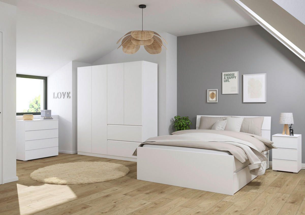 JUGENDZIMMER Joel in Weiß 4 teilig – mit 4türigem Kleiderschrank ohne Spiegel, 140er Jugendbett, Nachttisch und Kommode - Weiß, Holzwerkstoff (80/200/120cm)