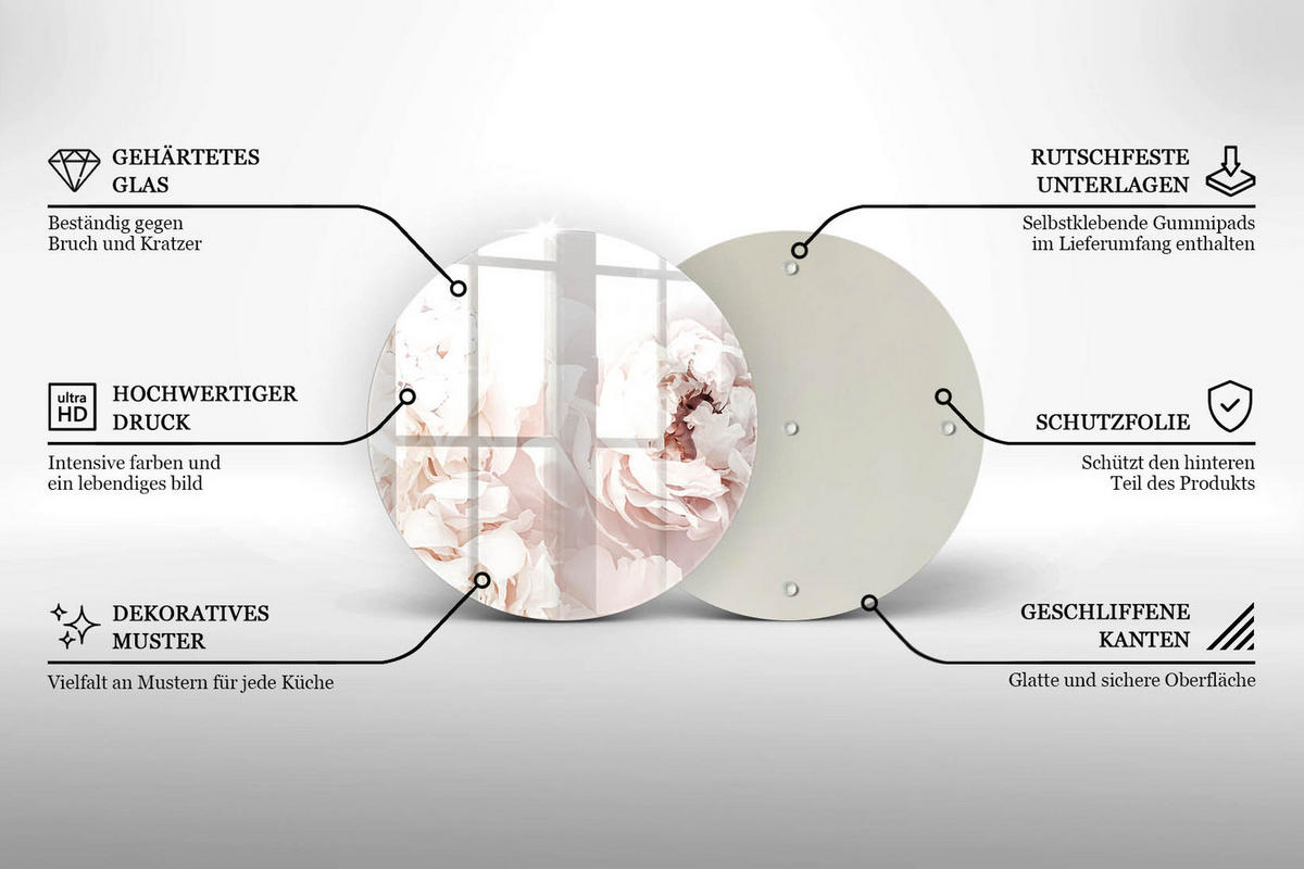 GLASPLATTE Ø 40 cm Pastell Pfingstrosen - Weiß, Glas (40/40cm) - Wallfluent