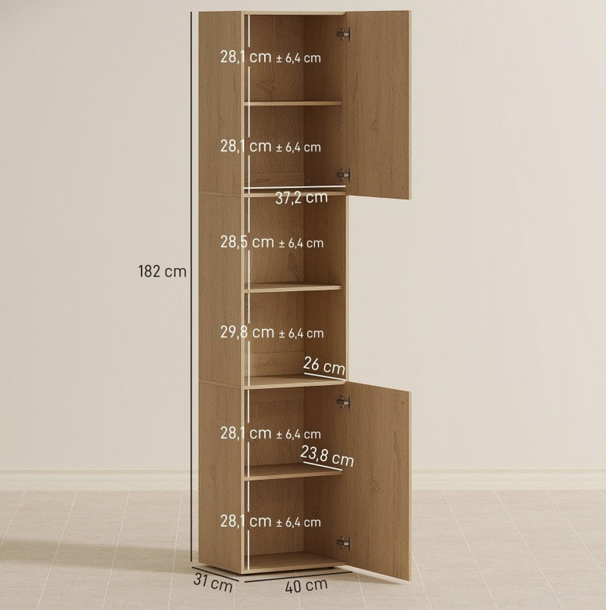 HOCHSCHRANK 40/31/182 cm aus Holz mit verstellbaren Einlegeböden Eichefarben - Eichefarben, Holzwerkstoff (40/182/31cm) - Modenvie