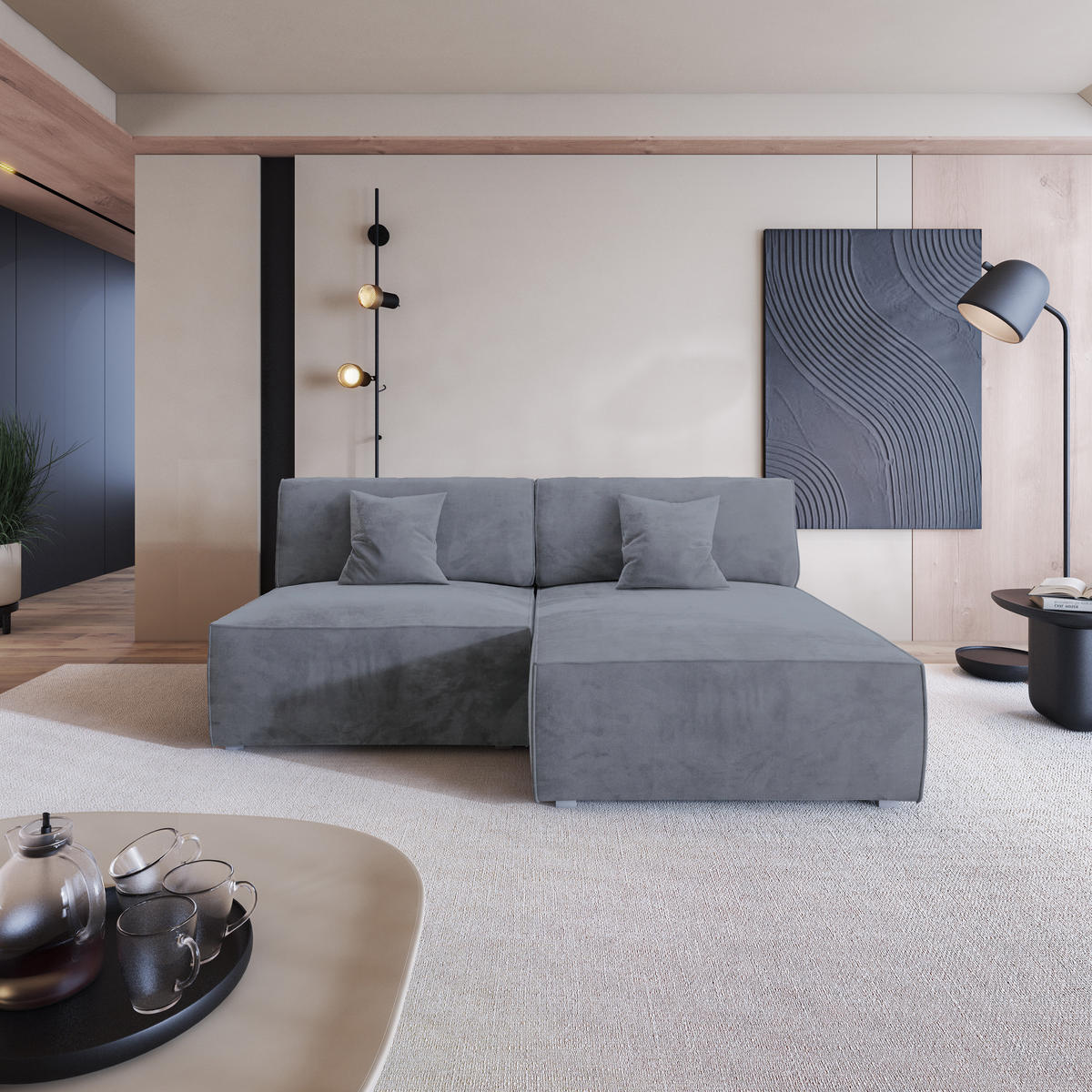 ECKSOFA FIORO M Grau Velours-Stoff mit Schlaffunktion - Grau, Holz/Kunststoff (204/148cm) - MASSENO