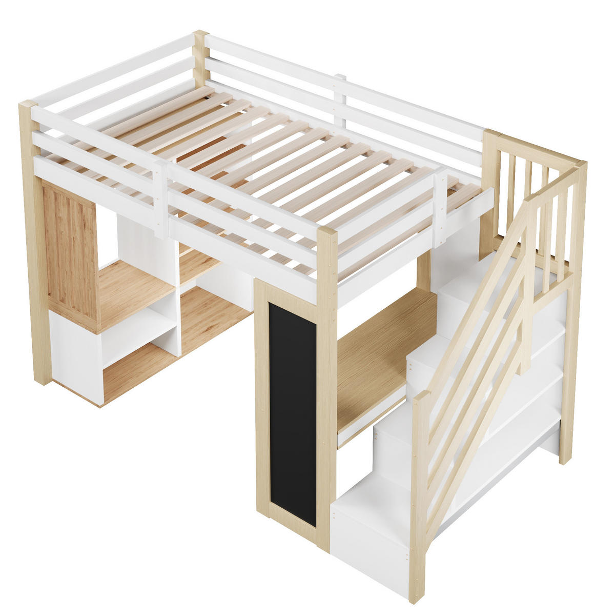 HOCHBETT 90x200 cm Weiß/Natur mit Schreibtisch, Kleiderschrank, Stauraumtreppe und LED-Beleuchtung - Weiß, Holzwerkstoff (90/200cm) - IVMEU