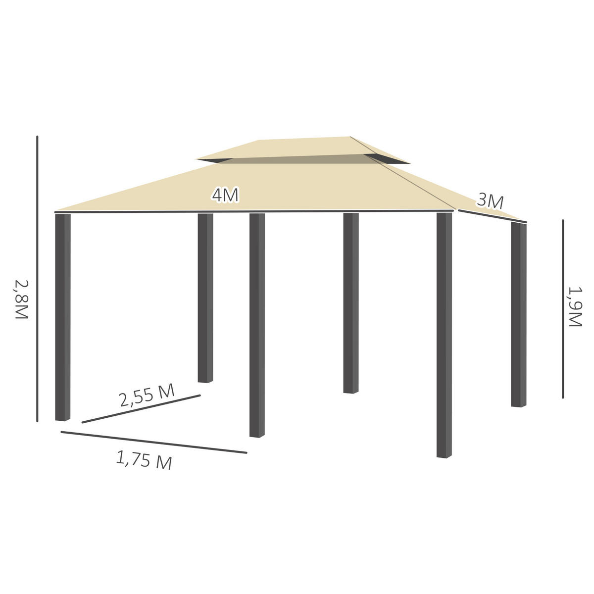 PAVILLON, Beige+Schwarz, Stahl, 180g/m² Polyester - Beige, Metall (300/280/400cm) - Outsunny