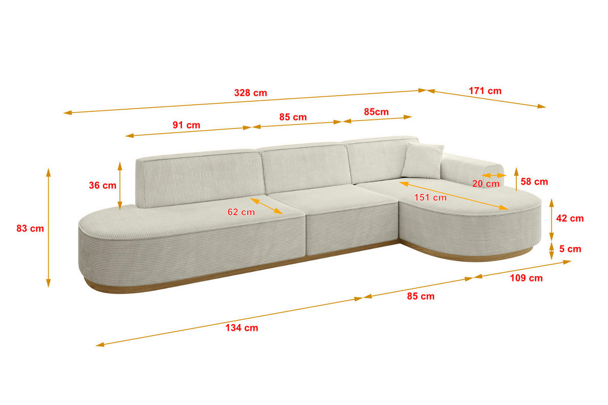 ECKSOFA Ottomane Rechts MARI-L2-v2 - 328x171x83 cm Creme Cord - Hellgrau/Creme, Holzwerkstoff/Textil (171/328cm) - ALTDECOR
