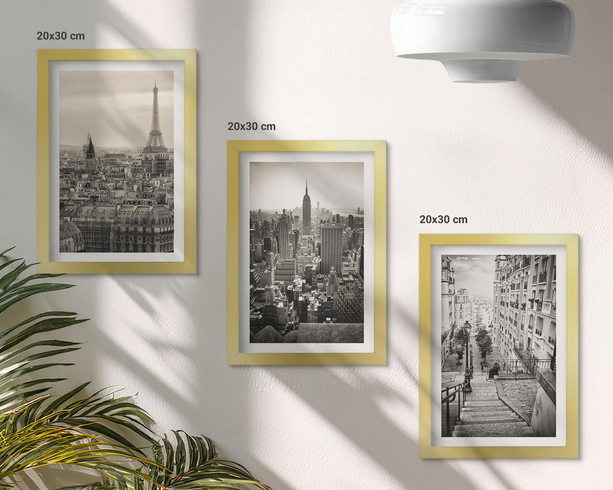 BILDER SET 3er Set - 20x30 cm Goldrahmen - Aussicht Paris New York Treppen - Goldfarben, Kunststoff (20/30cm) - TULUP