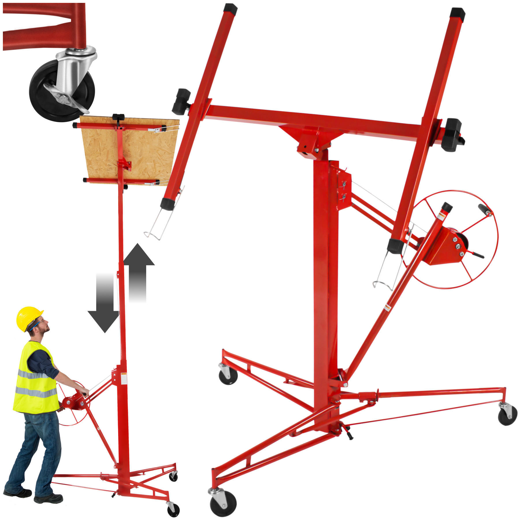 PLATTENHEBER ,breite Stativfüße mit 3 Lenkrollen inklusive Feststellbremsen,rot - Rot, Metall (153/140/185cm) - tectake