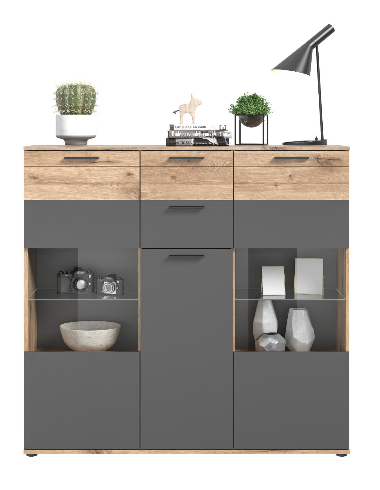 HIGHBOARD Eiche, grau 140 x 134 cm, Schrank mit Soft-Close, Wohn- und Esszimmermöbel - Eichefarben/Schwarz, Holzwerkstoff/Kunststoff (140/134/37cm) - Inn.Furn