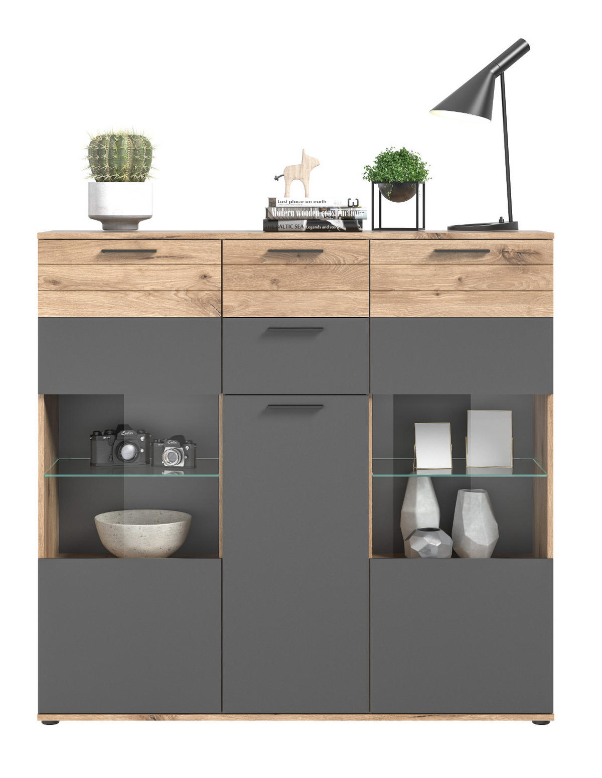 HIGHBOARD Eiche, grau 140 x 134 cm, Schrank mit Soft-Close, Wohn- und Esszimmermöbel - Eichefarben/Schwarz, Holzwerkstoff/Kunststoff (140/134/37cm) - Inn.Furn