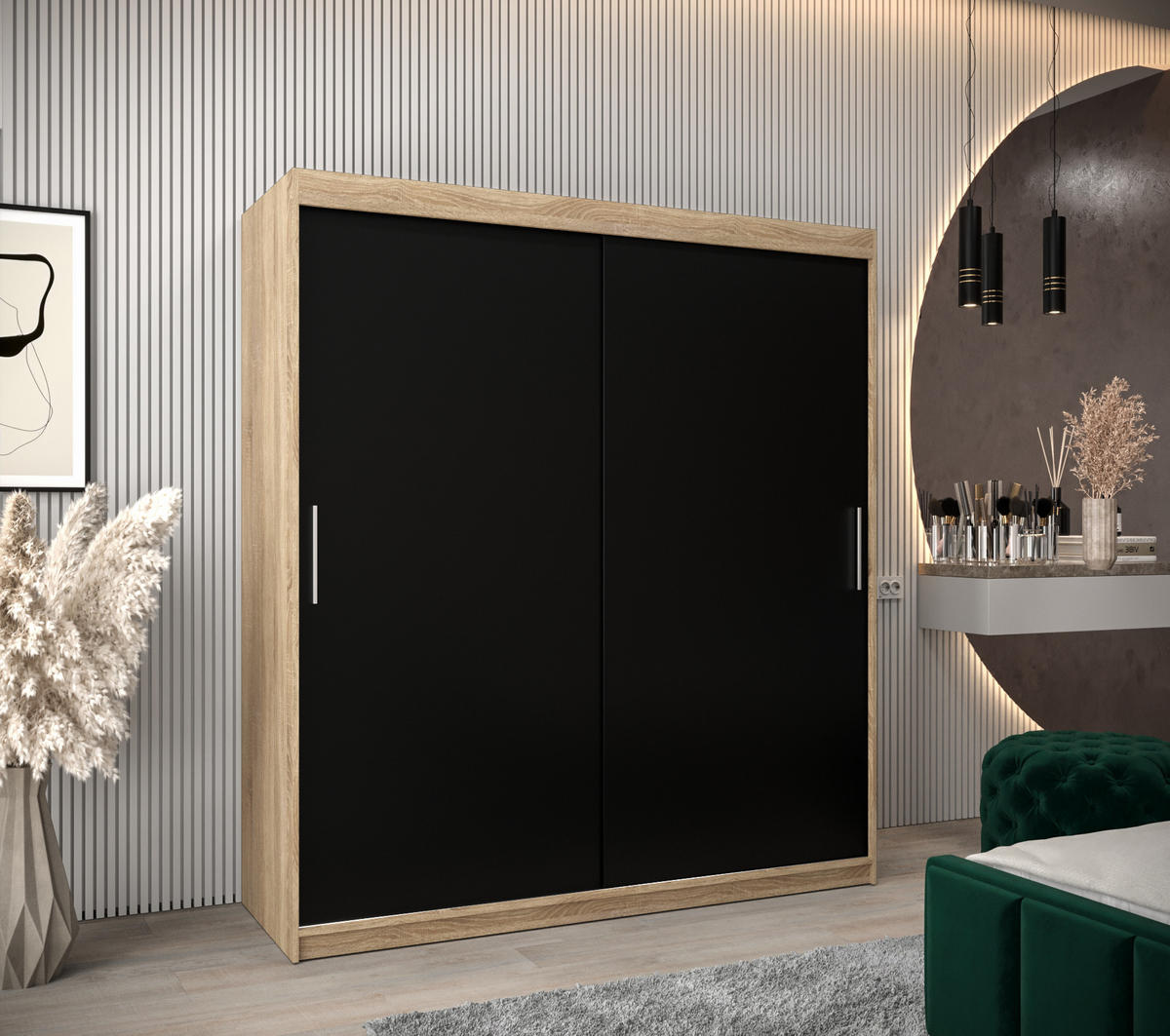 SCHWEBETÜRENSCHRANK 200/200/62 2-türig - Silberfarben/Schwarz, Holz/Kunststoff (200/200/62cm) - Abiks Möbel