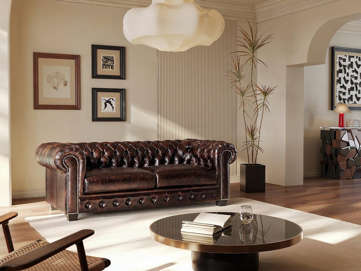 CHESTERFIELD Ledersofa 3-Sitzer - 100% Büffelleder - Braun - BRENTON - Dunkelbraun, Leder (201/73/96cm) - Vente-Unique