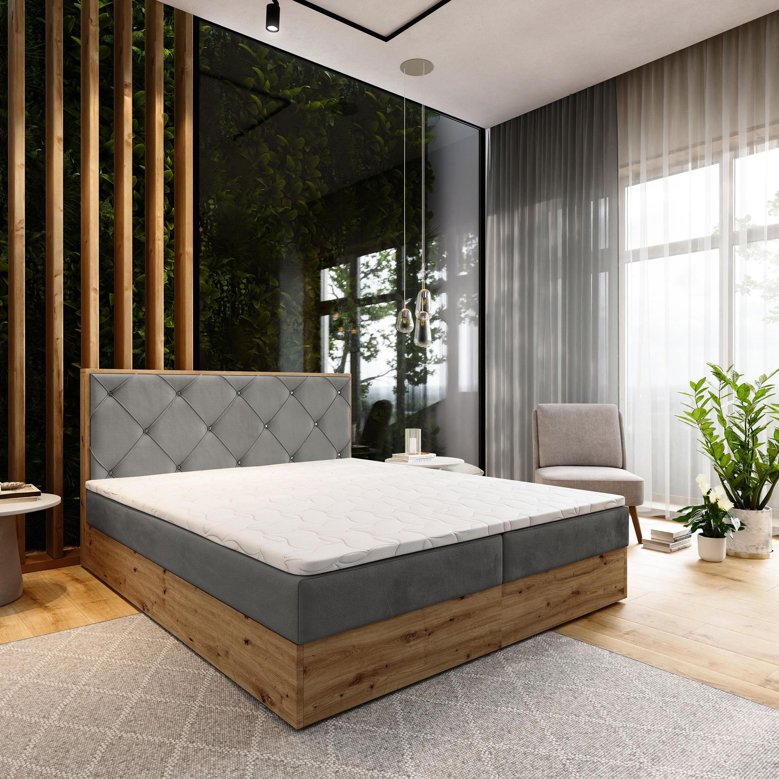 BOXBETT FOSCO 140x200 cm mit Matratze und Topper - Grau - Grau, Holz (140/200cm) - MASSENO