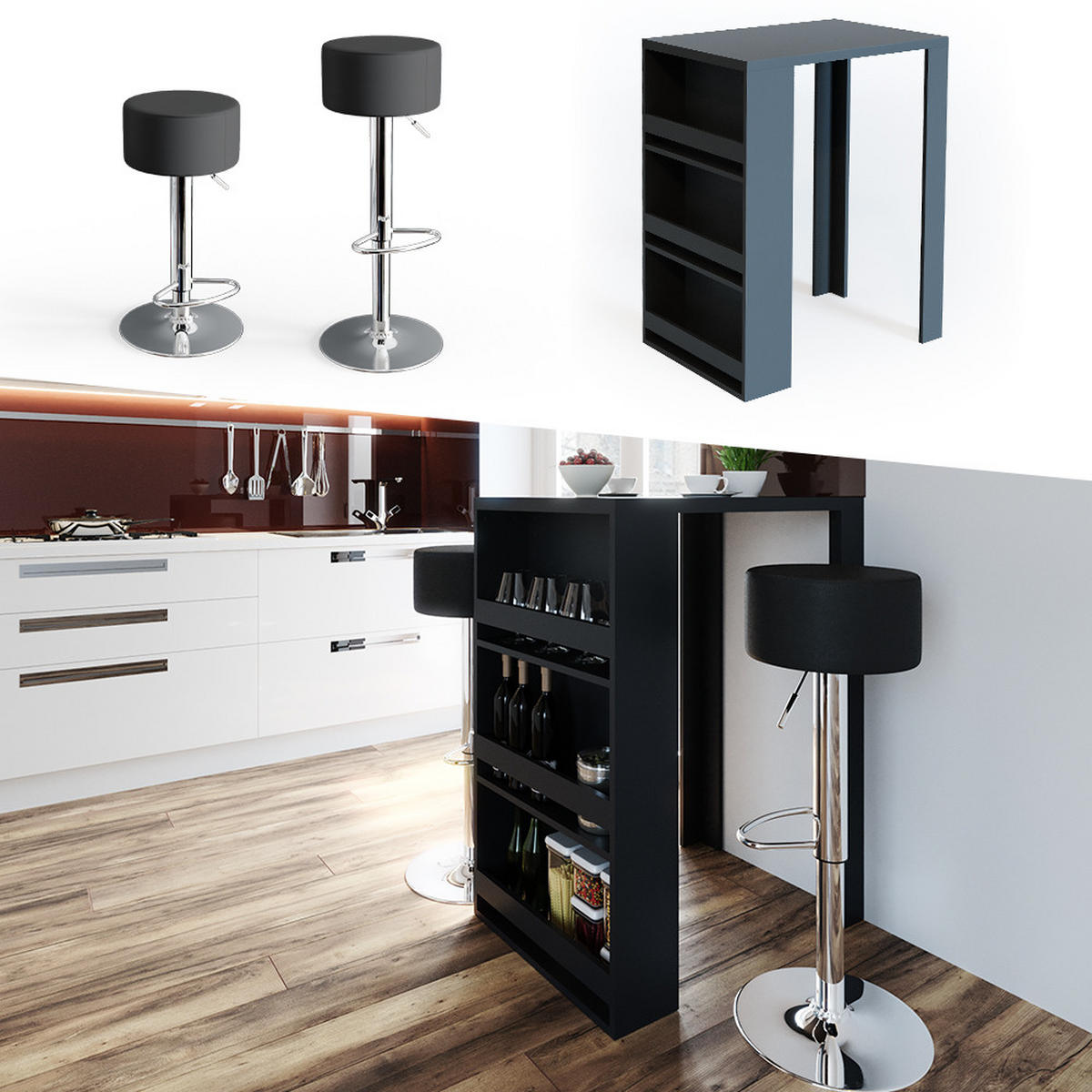 BARTISCH-SET Anthrazit 57 x 80 cm mit 2 Barhockern - Anthrazit, Holzwerkstoff (57/106/80cm) - Vicco