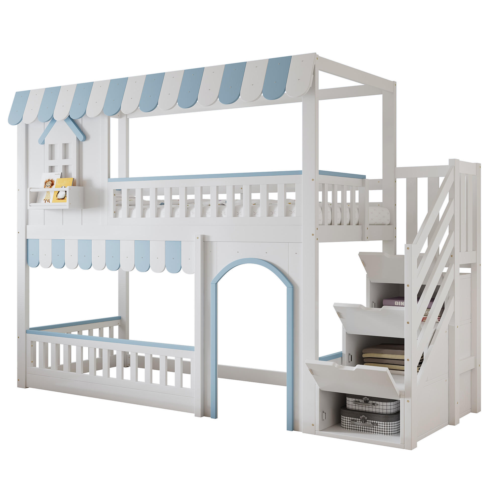 ETAGENBETT mit Treppenaufbewahrungs-Schrank, Weiß+Blau, 90/200 cm - Weiß, Holz (90/200cm) - MIVRAY