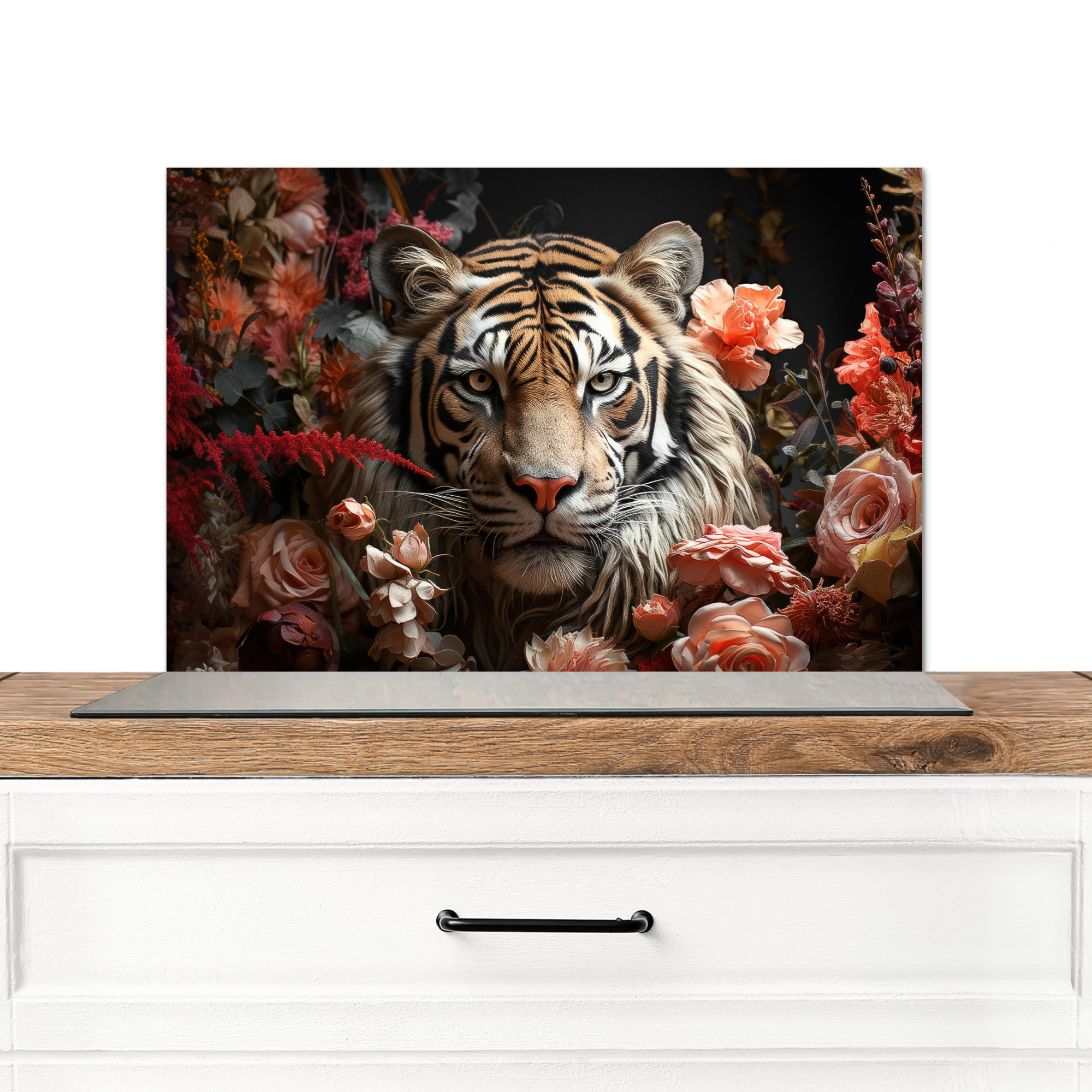 SPRITZSCHUTZ KÜCHE Tiger - Tier - Natur - Floral - Botanisch 60x40 cm - Orange, Metall (60/0.3/40cm) - MuchoWow