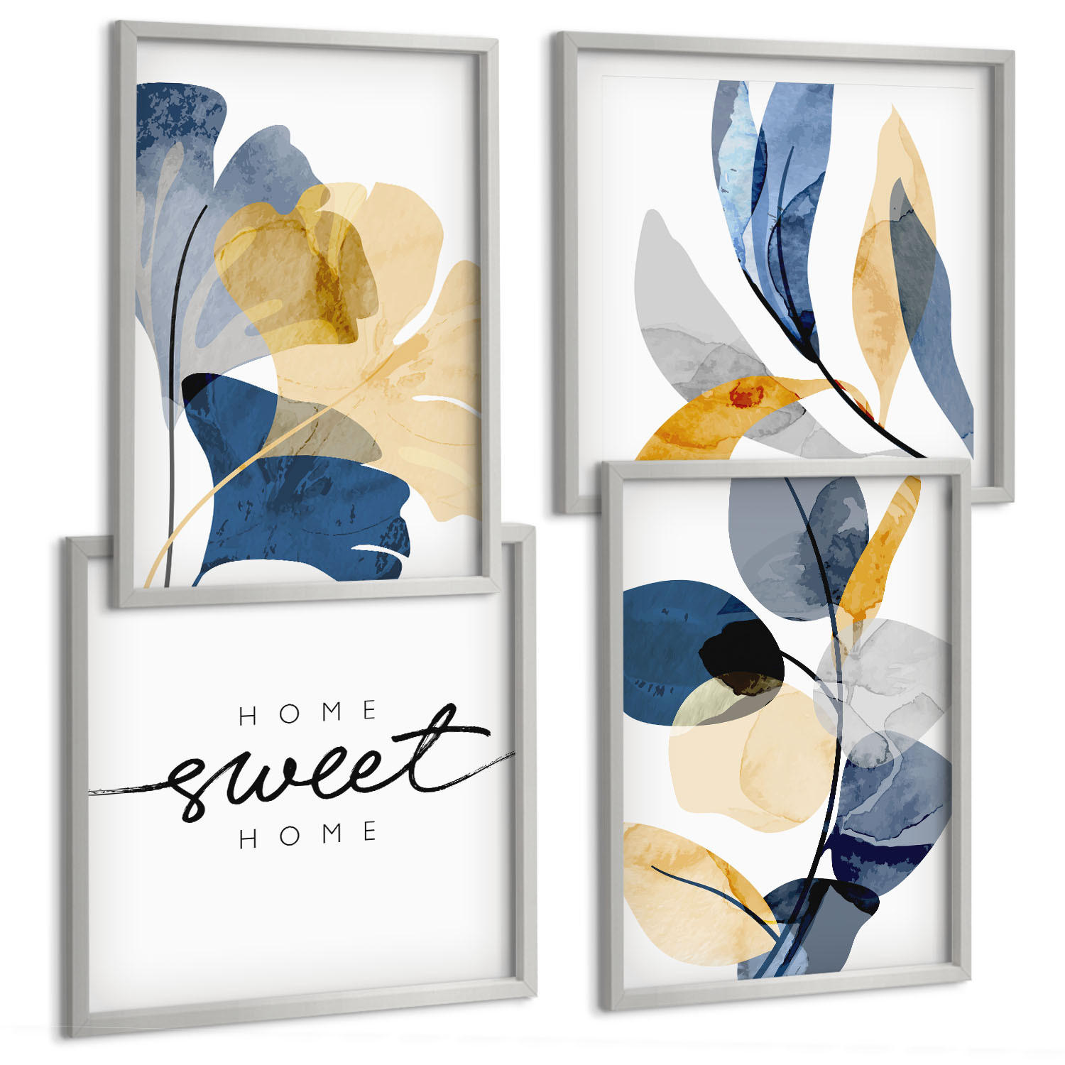 BILDER SET 4er Set - 50x50 cm & 40x60 cm Silberner Rahmen - Aquarell-Pflanzenmotive - Silberfarben, Kunststoff (50/50cm) - TULUP