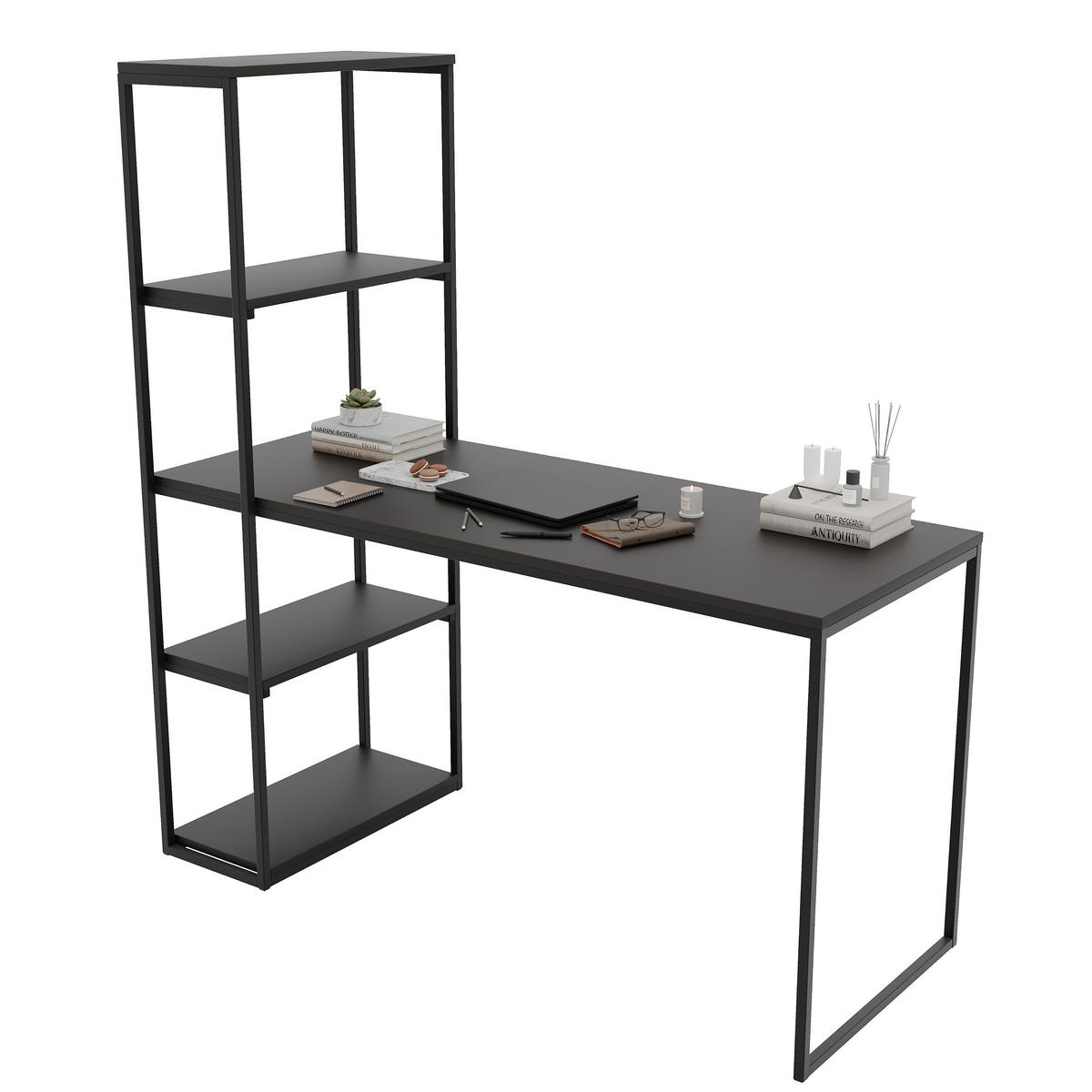 SCHREIBTISCH mit Seitenregal, Schwarz Mollet - Schwarz, Holzwerkstoff (152/60/160cm) - Idohome