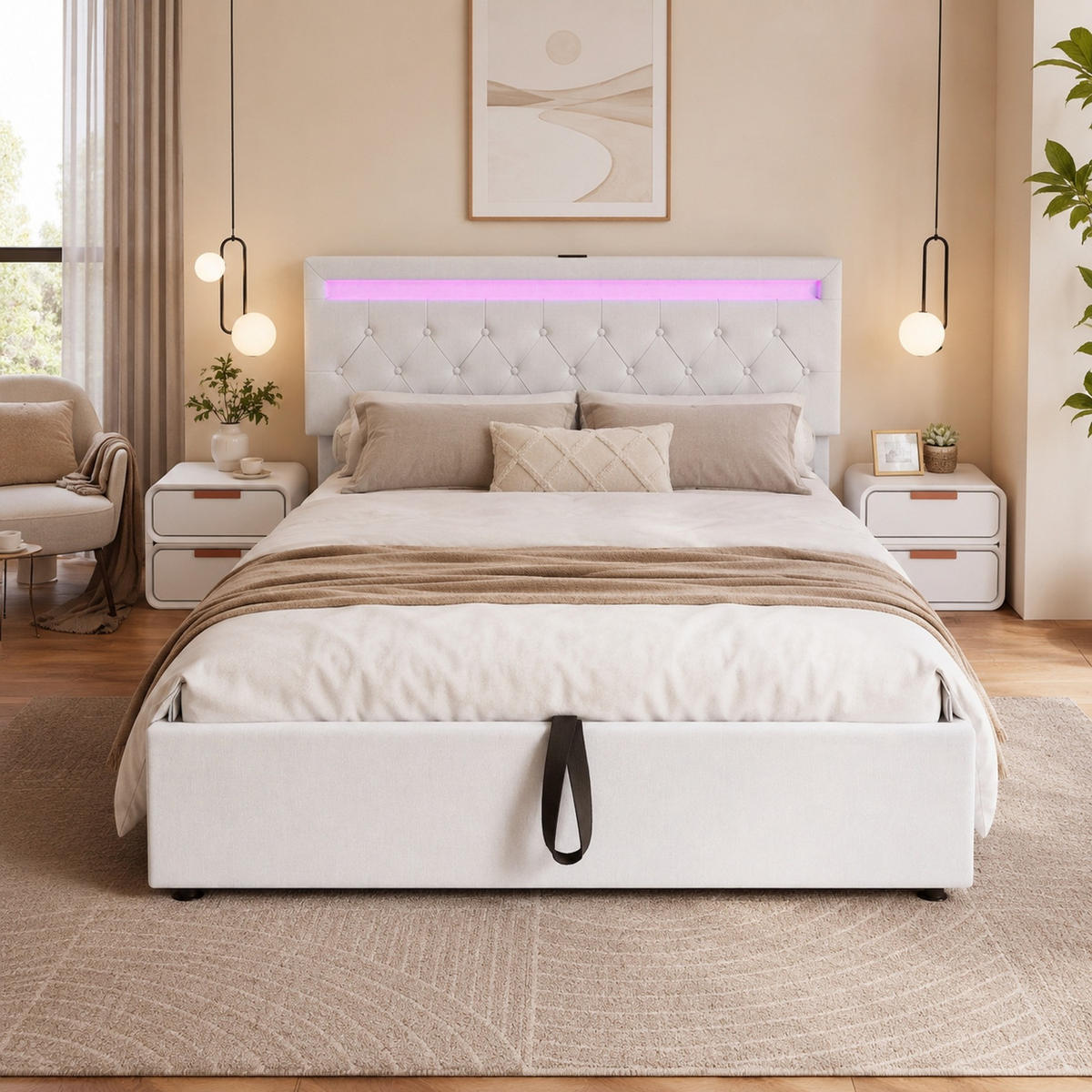 POLSTERBETT 140/200 mit Bettkasten, LED, USB und Type-C-Ladeanschlüssen in Weiß - Weiß, Holzwerkstoff/Textil (140/200cm) - EVRYAE