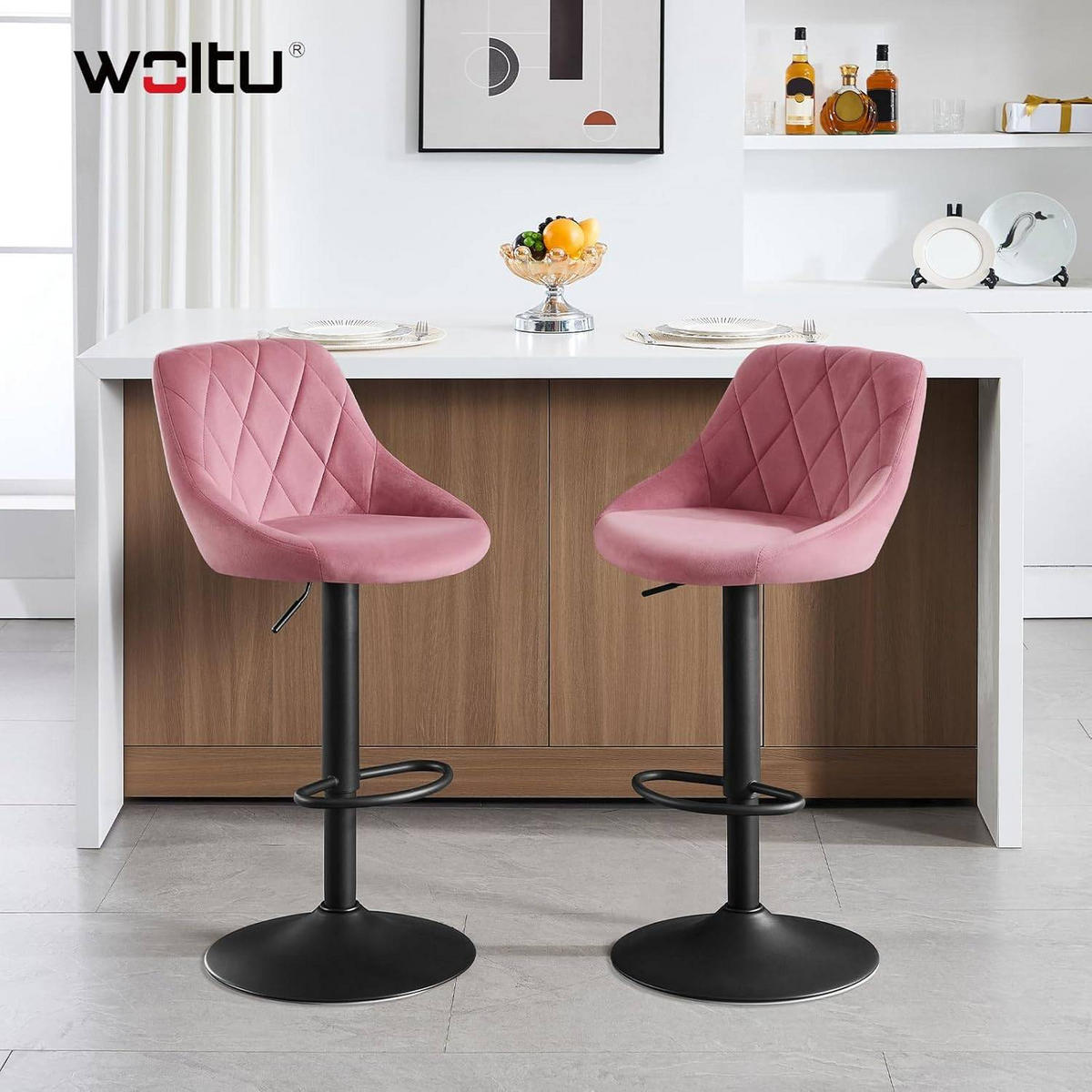 BARHOCKER 2er Set, aus Samt, Drehbar, Rosa - Schwarz/Rosa, Textil/Metall (47/83/39cm) - Woltu
