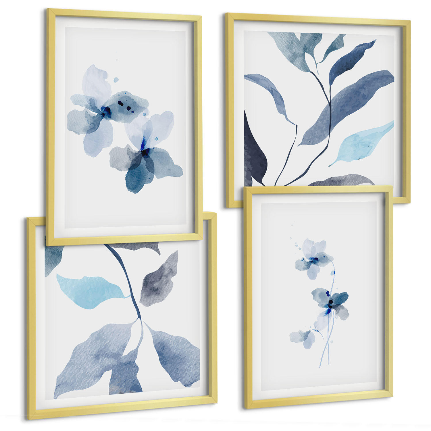 BILDER SET 4er Set - 50x50 cm & 40x60 cm Goldrahmen - Minimalistische blaue Blumen - Goldfarben, Kunststoff (50/50cm) - TULUP