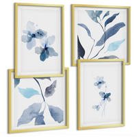 BILDER SET 4er Set - 50x50 cm & 40x60 cm Goldrahmen - Minimalistische blaue Blumen - Goldfarben, Kunststoff (50/50cm) - TULUP