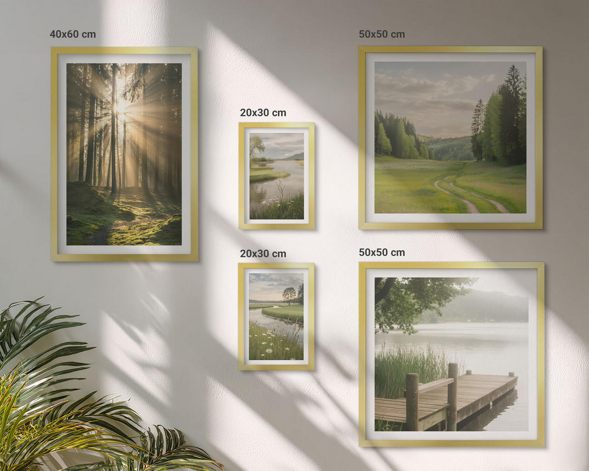 BILDER SET 5er Set - 50x50 cm & 20x30 cm & 40x60 cm Goldrahmen - Frühlingslandschaft Flusswiese - Goldfarben, Kunststoff (40/60cm) - TULUP